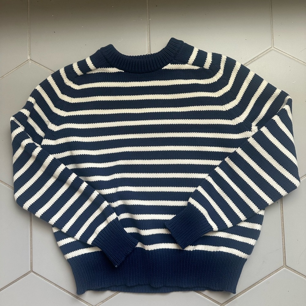 Classic J. Crew Fisherman Style Navy and White Striped Sweater
